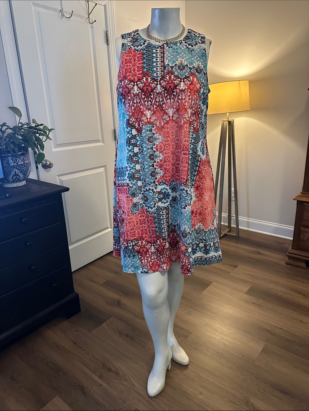 London Times Red and Blue Sleeveless Printed Shift Dress